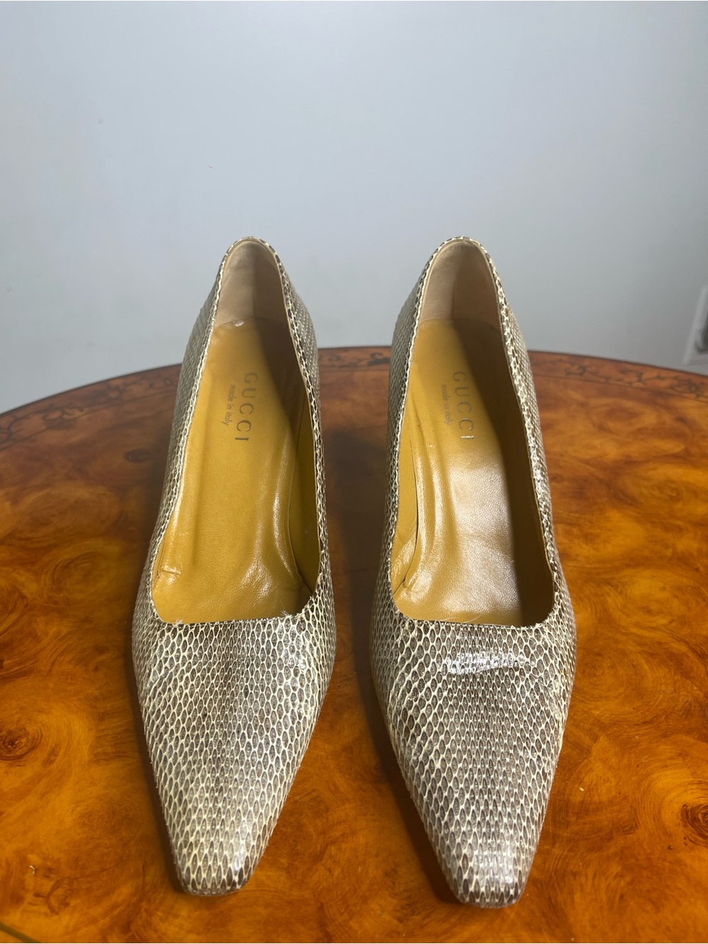 Gucci Metallic Beige Snake-Embossed Pointed Toe Pumps